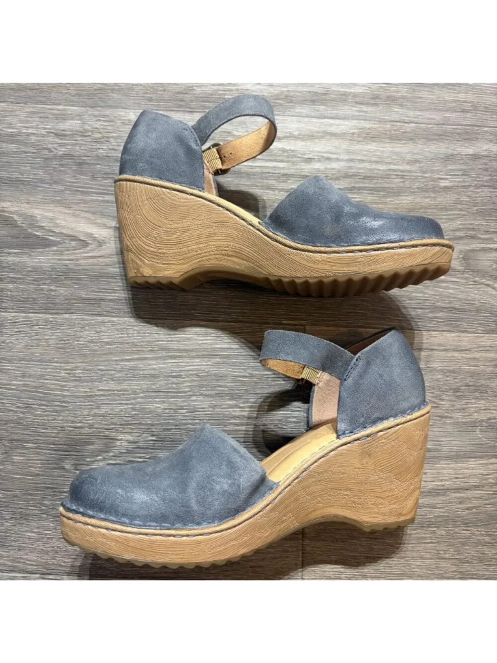 Born Nellie Wedge Heels Size 9 Mary Jane Blue Suede Adjustable Ankle Strap